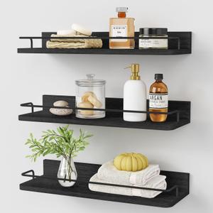 Forbena Black Floating Shelves for Wall, Bahtroom Wall Shelves Over Toilet, Rustic Hanging Shelf with Lip Rail for Bedroom Kitchen Office Living Room Picture Photo Decor, 17 Inch Long-Set of 3