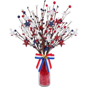 4 Pack Patriotic Artificial Berry Stem Picks White Blue Red Stars for 4th of July Independence Day, Pentagram Faux Berry Branches Decoration for Home Office Restaurant Vase Decor
