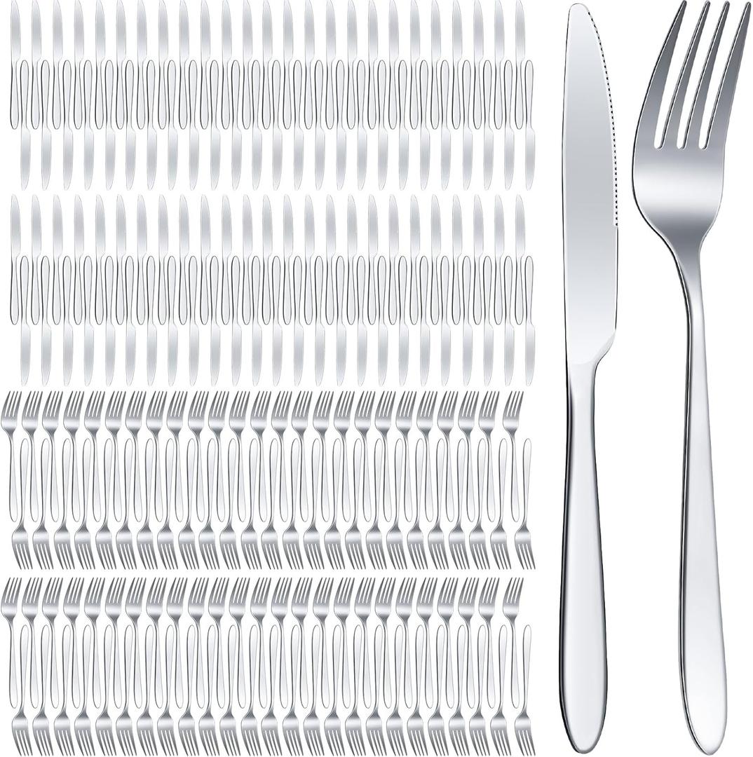 Nuenen 200 Pcs Forks and Knives Stainless Steel Silverware Set Include 100 Dinner Forks and 100 Knives Flatware tableware Cutlery Set for Home Restaurant, Mirror Polished, Dishwasher Safe