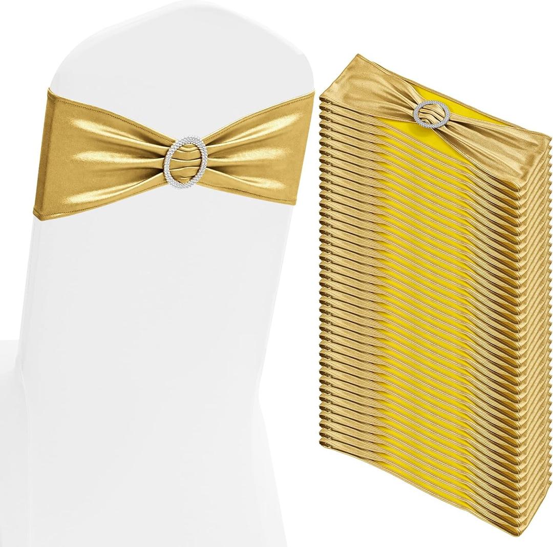 100 PCS Spandex Chair Sashes Bows Premium Stretch Chair Cover Band with Buckle Slider Universal Elastic Chair Ties for Wedding Party Ceremony Events Reception Banquet Decoration (Metallic Gold)