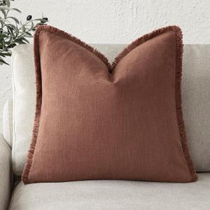 Foindtower Decorative Linen Fringe Throw Pillow Covers Cozy Boho Farmhouse Cushion Cover with Tassels Soft Accent Pillowcase for Chair Sofa Bed Living Room Home Decor, 24×24 Inch,1PC,Rust Red