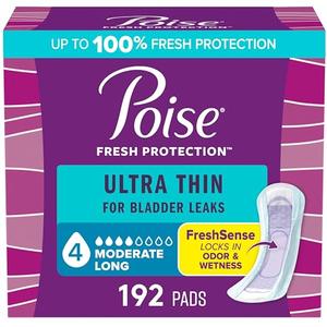 Poise Ultra Thin Incontinence Pads & Postpartum Pads for Bladder Leaks, 4 Drop Moderate Absorbency, Long Length, 192 Count (4 Packs of 48)