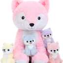 Muiteiur 5 Piece Fox Stuffed Animal Set, Soft Mommy Fox Plush Toy with 4 Cute Babies, Cute Stuffed Animal for Girls and Boys, Fun Gift for Kids, Pink 20inch