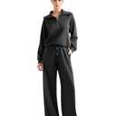 SUUKSESS Women 2 Piece Lounge Matching Sets Wide Leg Sweatpants Half Zip Oversized Sweatshirts (Jet Black, S)