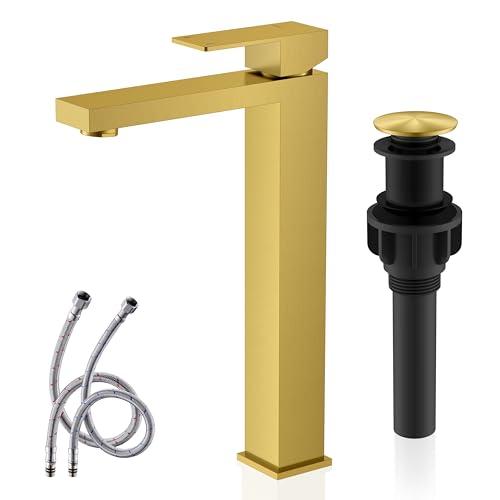 KENES Brushed Gold Tall Bathroom Faucet, Single Handle Vessel Sink Faucet Gold Vanity Bathroom Faucet with Supply Lines and Pop Up Sink Drain, LJ-9031A-4