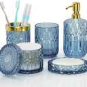 Blue Bathroom Accessories Set, 5 Pcs Clear Glass Bathroom Accessories with Lotion Soap Dispenser, Soap Dish, Toothbrush Holder, Bathroom Tumbler, Cotton Swab Jars, Perfect for Bathroom Theme Gift