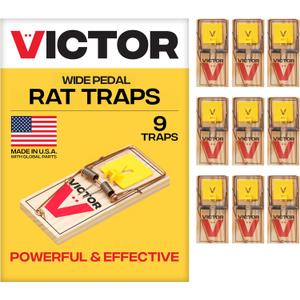 Victor M205-9 Wide Plastic Pedal Sustainably Sourced FSC Wood Humane Snap Rat Traps - 9 Wooden Traps