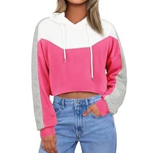FAIRY SEASON Womens Cropped Hoodies Color Block Long Sleeve Crop Pullover Sweatshirts Hooded Crop Top Shirt Y2K Workout Tops (Small, Rose Pink)