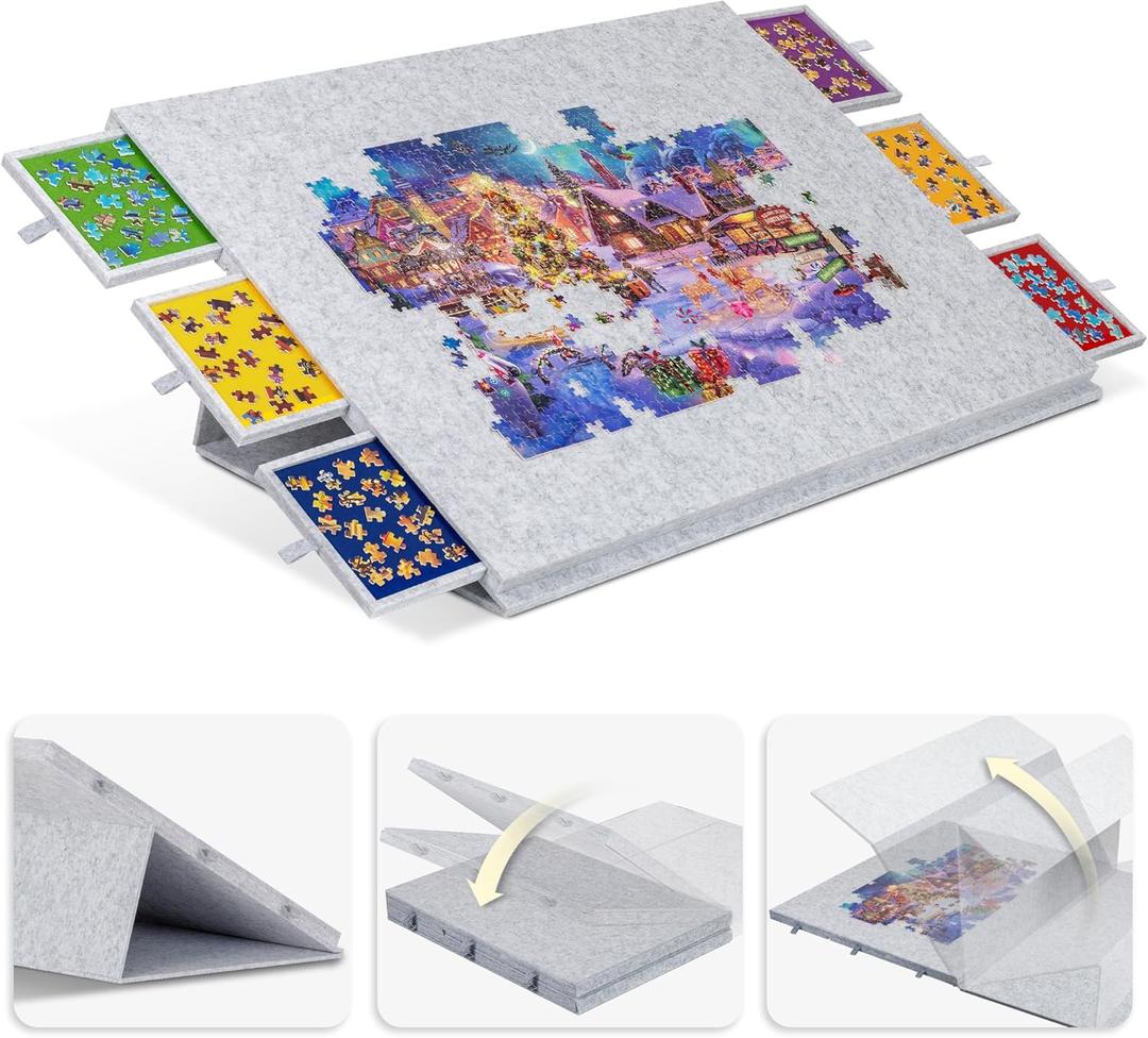 Lavievert 2000 Pieces Portable Jigsaw Puzzle Board with 6 Drawers & Trays, Tilting Jigsaw Table with 2-in-1 Puzzle Stand & Cover, Lightweight Puzzle Storage Saver with Easel- Light Gray