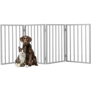 Pet Gate - 4-Panel Indoor Foldable Dog Fence for Stairs, Hallways, or Doorways - 72x24-Inch Retractable Wood Freestanding Dog Gates by PETMAKER (Gray)