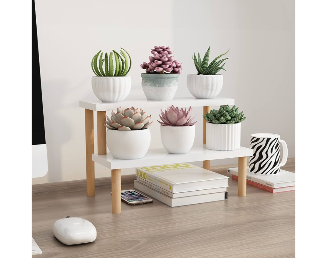 Small Plant Stand Indoor Ladder Shelf Desk, 2 Tiers Desktop Flower Stand Window Sill ,Wood Display Stand for Succulent Cupcake Spice Rack Countertop ( White, 14.2")