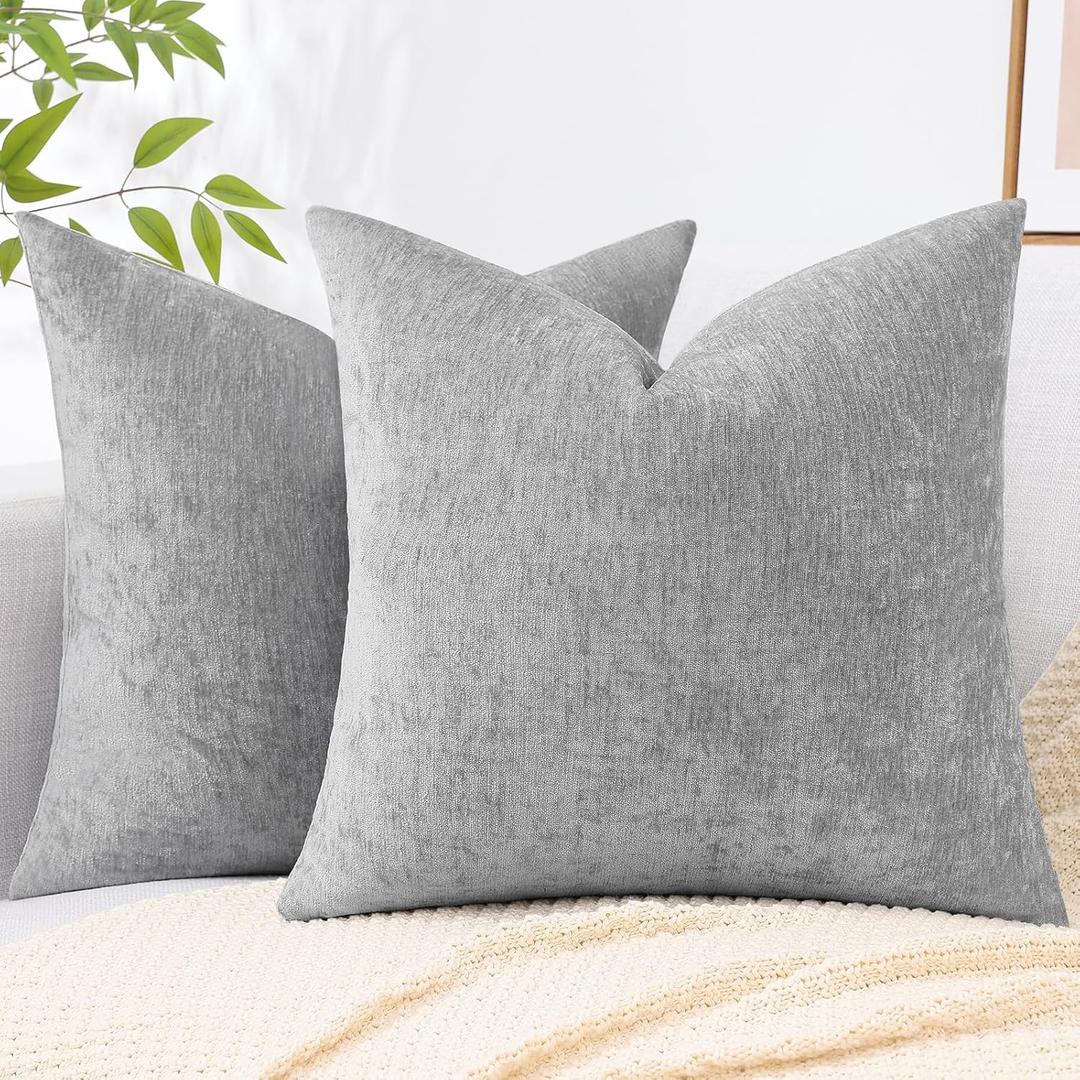 decorUhome Couch Throw Pillow Covers 18x18 Set of 2, Decorative Soft Neutral Chenille Solid Dyed Square Pillow Covers for Sofa Bed Living Room, Ultimate Gray