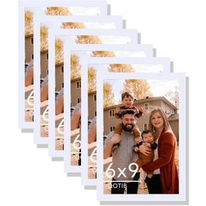 6 Packs 6x9 Picture Frame White, Engineered Wood 6 x 9 Photo Frame, 6 by 9 Photo Poster Frame for Wall Hanging and Tabletop Set of 6, White