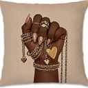 Fashion Black Woman Gold Jewelry Pillow Covers 18x18, Inspirational African American Gifts for Black Women, Modern Afro Glam Decorative Throw Pillow Covers Pillowcases for Home Room