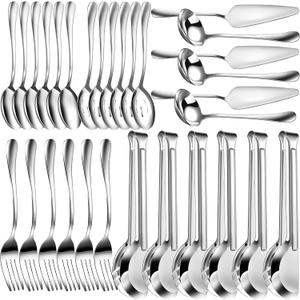 Thenshop 30 Pcs Stainless Steel Serving Utensils Set Flatware Set Include Large Serving Spoons Slotted Spoons Forks Soup Ladle Pie Server and Tongs for Buffet Party(Silver)