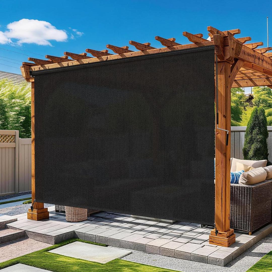 Outdoor Roller Shades for Patio 8'Wx6'H Black, 90% UV Block & Privacy Protection Outdoor Blinds, Cordless Porch Shades Outdoor Roll Up with Splicing Design 15-Min Install