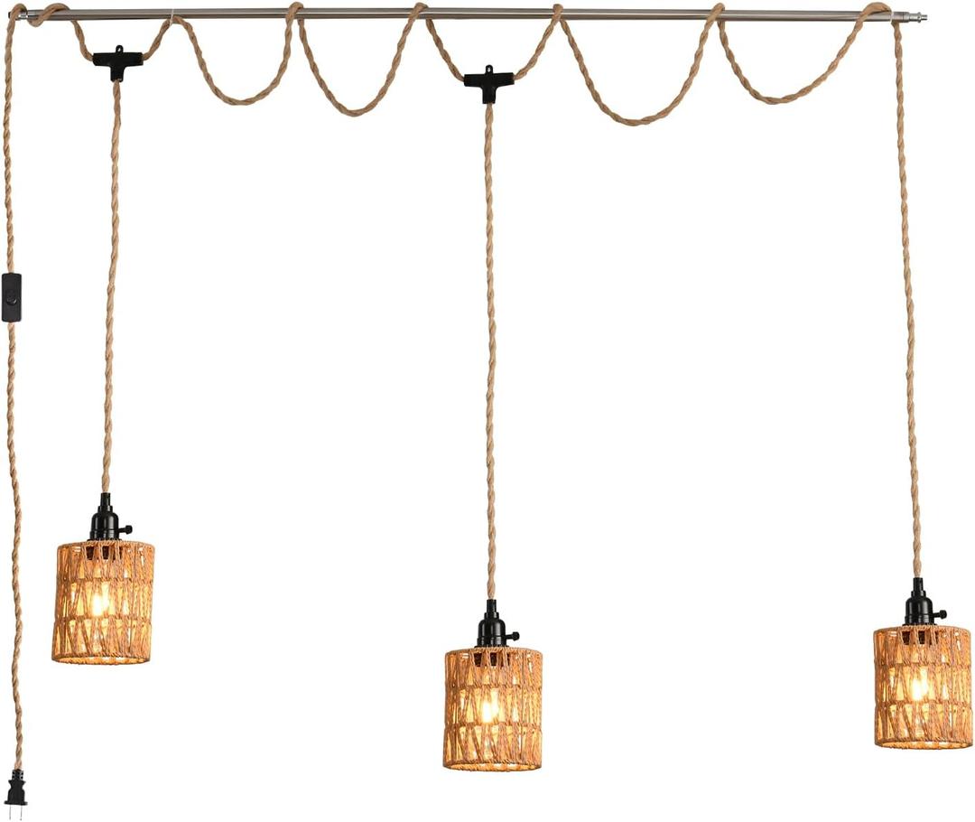 3-Light Hanging Light with Plug in Cord,Plug in Pendant Light 22ft Hemp Rope Pendant Lighting Vintage 3-Light Hanging Lamp Fixtures for Kitchen Island Living Room Bedroom