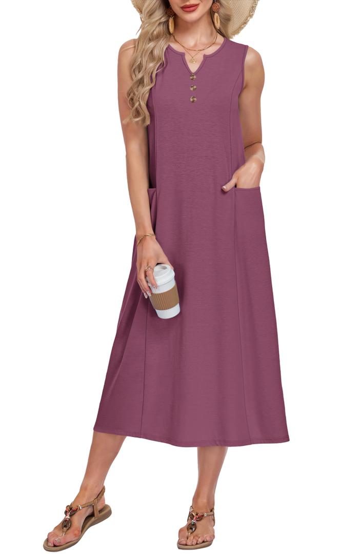 MOLERANI Women's Casual Button Down Midi Dress with Pockets,Mauve,2XL