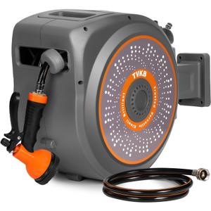 Retractable Garden Hose Reel 100ftx1/2" Wall Mounted Automatic Rewind Water Hose Reel with Slow Retraction System, Any Length Lock, 10 Pattern Nozzle For Outside Deck Lawn, Concrete Floor