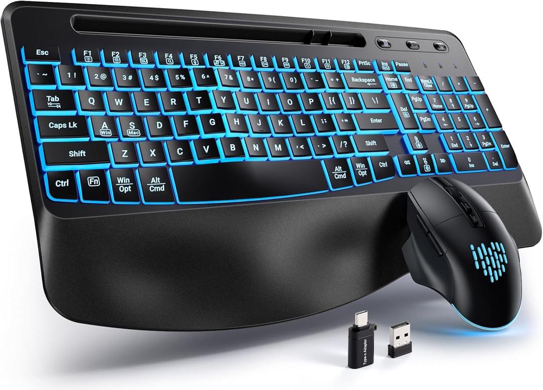 Hamile Wireless Keyboard and Mouse Combo : Ergonomic Wave Keys for Natural Typing, Full Size Keyboards with Wrist Rest, Quiet Backlit Mice, Phone Holder, 2.4G Set for Computer/Laptop/Mac/Windows, Black