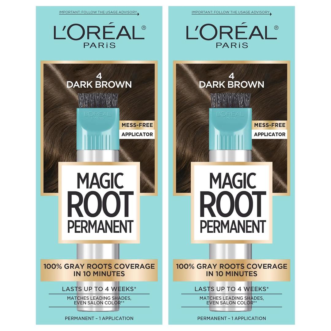 L'Oreal Paris Magic Root Rescue 10 Minute Root Hair Coloring Kit, Permanent Hair Color with Quick Precision Applicator, 100 percent Gray Coverage, 4 Dark Brown, 2 count (2 Count (Pack of 1), 4 Dark Brown)