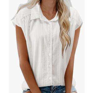 Womens Button Down Shirts Short Cap Sleeve Summer Cotton V Neck Collared Stripes Blouses Casual Plaid Tops, L