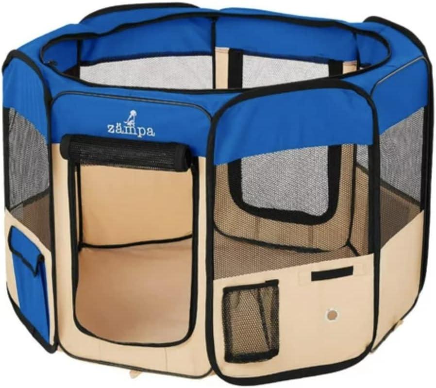 Zampa Dog Playpen Medium 45"x45"x24" Pop Up Portable Playpen for Dogs and Cat, Foldable | Indoor/Outdoor Pen & Travel Pet Carrier + Carrying Case. (Blue)