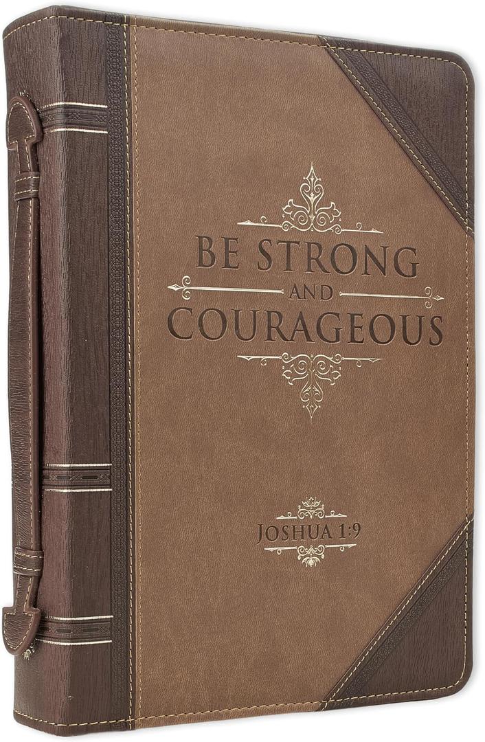 Christian Art Gifts Men's Classic Bible Cover Be Strong and Courageous Joshua 1:9, Brown Faux Leather, Large