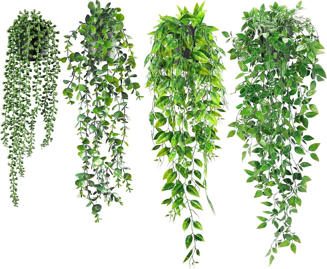 USLAI Artificial Hanging Plants Vine, Fake Potted Greenery Faux Eucalyptus, Mandala, String of Pearls, Pea Pod Leaves in Pot for Office Living Room Bathroom Indoor Outdoor Dcor (4 Pack)