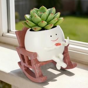Smiley Face Plant Pots, Cute Resin planters for Indoor Outdoor, Unique Rocking Chair Succulent Pots with Drainage Hole, Gift IdeaI for Family and Friends, Brown