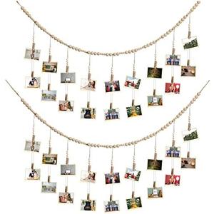 Kathfly 2 Pcs Hanging Photo Display with 36 Wood Clips DIY Boho Collage Picture Frame Wooden Beads Garland Hanging Picture Holder 3.61 ft Rustic Photo Wall Decor for Dorm Bedroom Nursery