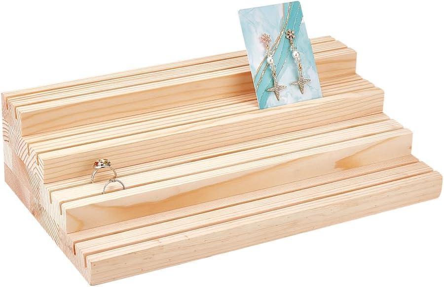 NBEADS 4-Tier Wood Jewelry Display Stand, Wooden Earring Organizer Holder with Grooves Jewelry Showcase Rack for Rings Earring Display Cards Photo Home Decorations