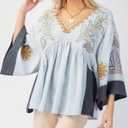 Womens Floral Printed Blouse V-Neck 3/4 Sleeves Loose Fit Vintage Babydoll Tops (Blue, S)