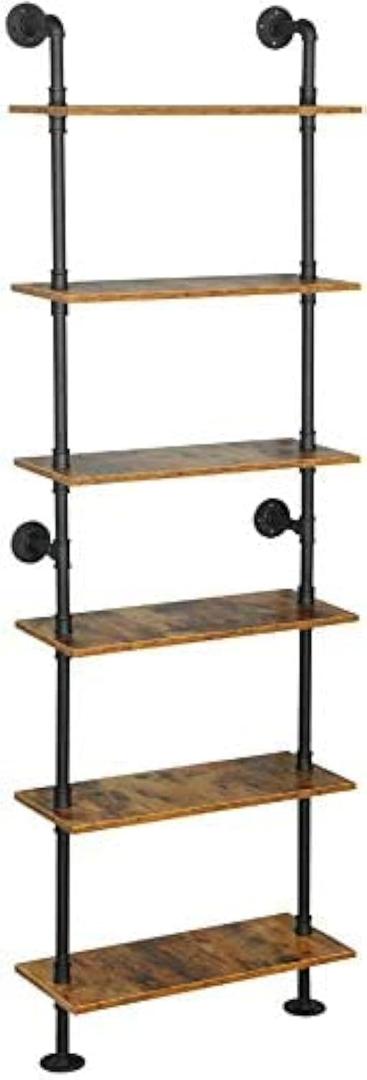ZIOTHUM 6-Tier Industrial Pipe Shelves Shelf Shelving Rustic Wood Metal Wrought Iron Ladder Bookcase Bookshelf Wall Mounted Mount DIY Loft Vintage Floating Hanging Storage Display (23.6x9.8x78.7), 23.6*9.8*78.7 inchesLxWxH