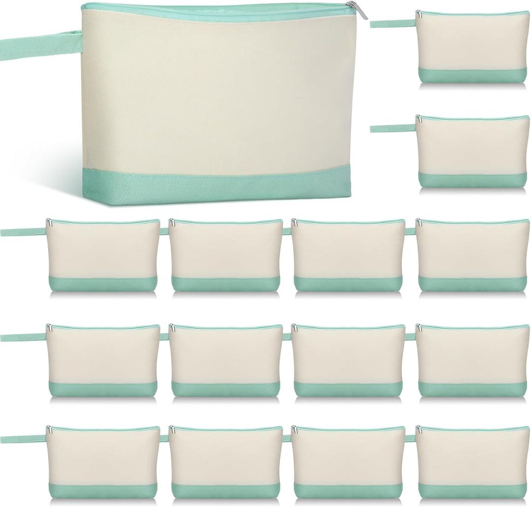 Silkfly 15 Pcs Cotton Canvas Makeup Bags Canvas Cosmetic Zipper Bags 10.2 x 5.5 x 2'' Blank DIY Pouch Bulk with Bottom Pencil Case Travel Toiletry Pouch for Women Gift (Beige and Green)