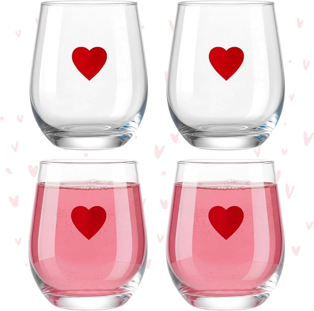 4 Pcs Valentine's Day Wine Glasses 14Oz Red Heart Stemless Drinking Glasses Valentines Wine Drinkware for Coworkers Holiday Gifts Wedding Bridal Shower Home Party Supplies