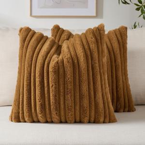 FUTEI Camel Decorative Throw Pillow Covers 20x20 Inch Set of 2,Soft Fluffy Faux Rabbit Fur Thick & Thin Striped Textured Cushion Case,Modern Home Decor for Couch Bed Living Room