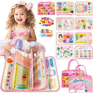 Toddler Busy Board Montessori Toys for Girl Birthday Gift,Educational Learning Sensory Busy Book, Airplane Car Travel Activities Toy for Girl(Pink)