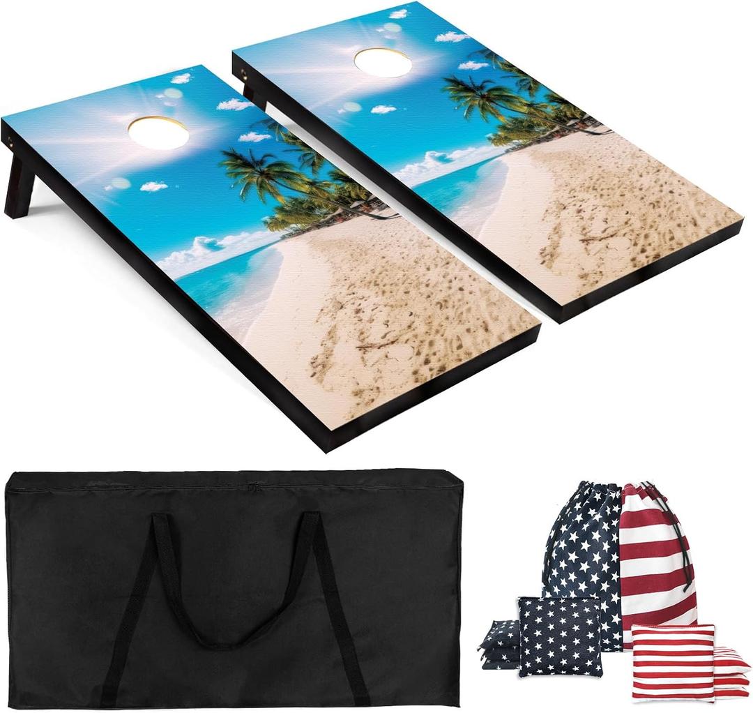 Cornhole Board Set 4x2 Regulation Size Cornhole Set with Carrying Bags & 8 Bean Bags Corn Hole Boards Bean Toss Game for Adults Family Outdoor Lawn Outside Backyard Games (Beach Palm Trees)