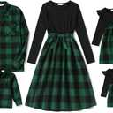 PATPAT Family Matching Outfits Mommy and Me Dresses Matching Set Long Sleeve Plaid Midi Dress and Casual Button Down Shirts (3-4T, Green)