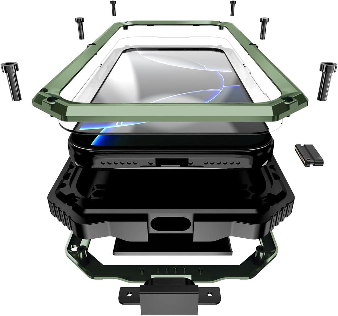 Simicoo Military Metal Heavy Duty Case Compatible with iPhone 17 Pro Max, Drop Protection Rugged Defender Metal Bumper Screws Case with Stand Gorilla Glass Camera Cover Full Body Dustproof Green