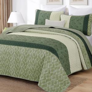 Cottolester Green Full Quilt Set,Striped Plaid Bedspread Coverlet Set,Khaki Boho Summer Bedding Set Soft Microfiber Bedding Set with 2 Pillow Shams 78"x90"