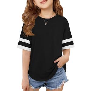 ZDC Girls Striped Short Sleeve T Shirts Kids Crewneck Loose Fit Tunic Tops Summer Tees Blouses 9-10 Years (Black)