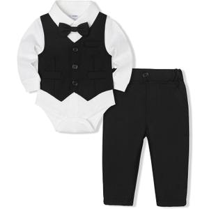 Baby Boy Clothes Suits Infant Gentleman Wedding Outfit Formal Dress Shirt Vest Bowtie Pants 4Pcs Baby Suit Sets (3-6 Months, Black)