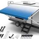 RV Awning Fabric Replacement, 19.5oz Heavy Duty Vinyl, with Tie Down Kits & 7 Hooks & Pull Strap for Trailer Camper Awning- 15'(Fabric 14'2"), Blue Fade