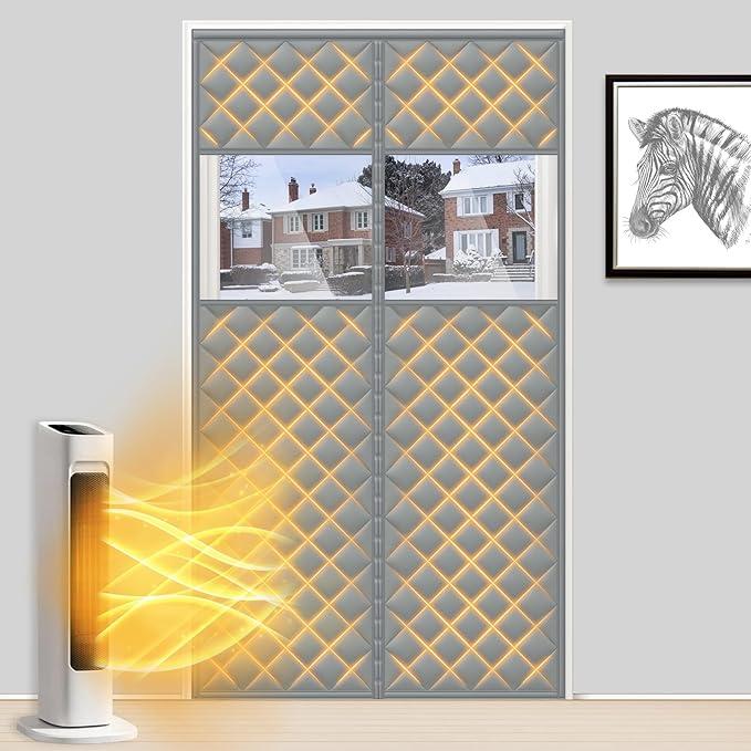 MAGZO Magnetic Thermal Insulated Door Curtain with Perspective Window, Fits 34" x 82" Door, Made of Oxford and Cotton, Weatherproof Insulation Cover Blanket for Winter, Block Cold Air Out, Grey