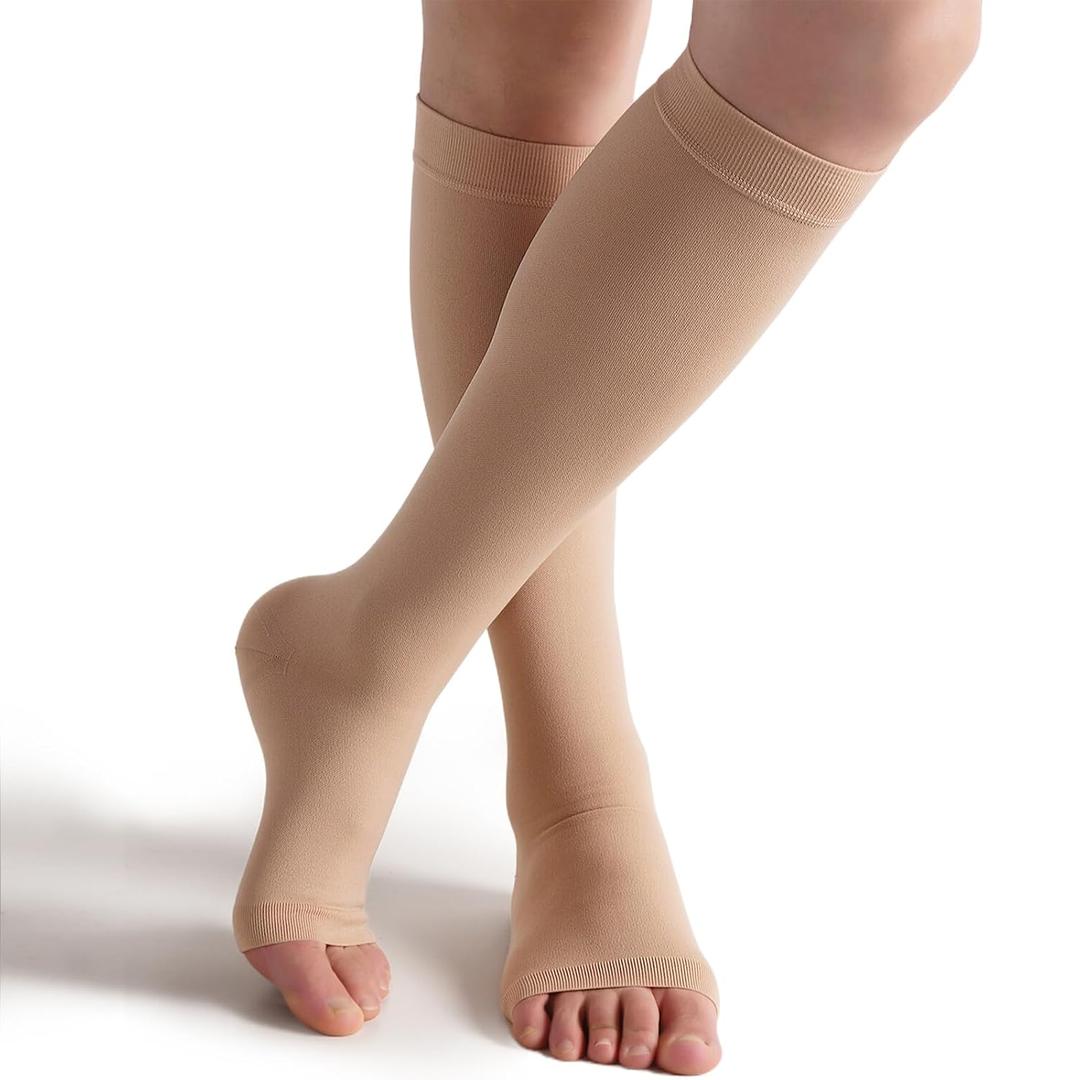 Bounfend Compression Socks 20-30mmHg, Knee High Open Toe, Medical Grade Stockings for Women and Men,Varicose Vein, Swollen Legs, Shin Splints, Nursing, Travel, Beige S