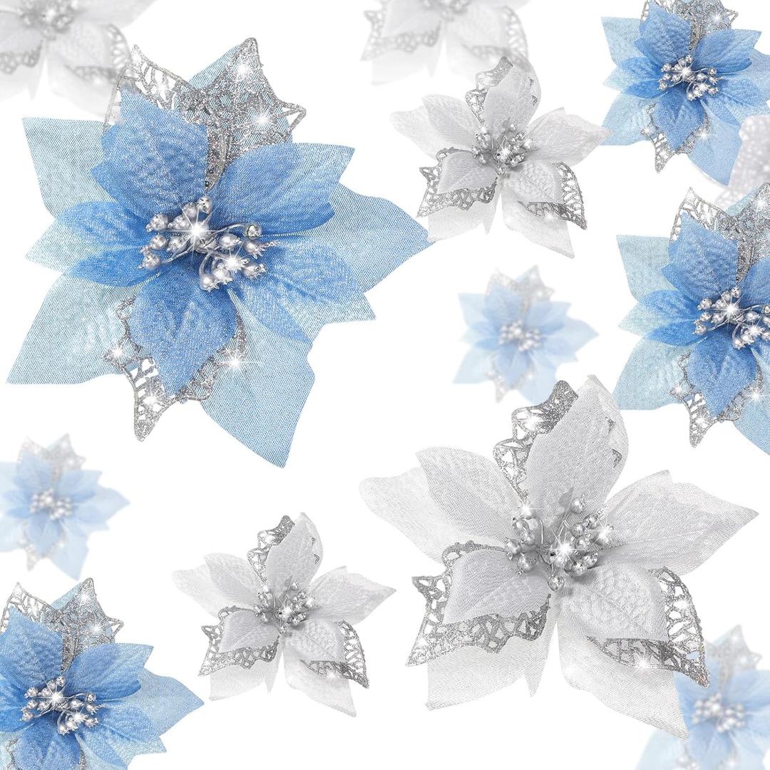 Boao 24 Pieces Christmas Artificial Glitter Poinsettia Flowers Xmas Flowers Wedding Christmas Tree New Year Ornaments (Sky Blue and Silver)