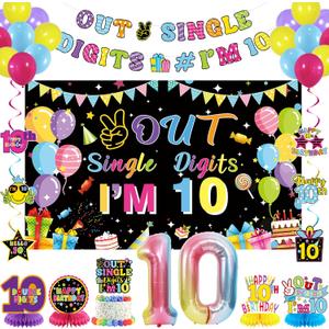 Holkcog 10th Birthday Decorations Colourful Peace Out Single Digits Tenth Birthday Party Backdrop 10 Years Old Happy Birthday Decorations for Girl Boy 10th Birthday Cake Topper Balloon Party Supply