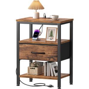 OLIXIS Nightstand with Charging Station, Bedside Tables with USB Ports and Fabric Drawer, Small Night Stand with Open Adjustable Shelf, Compact End Table for Bedroom, Rustic Brown